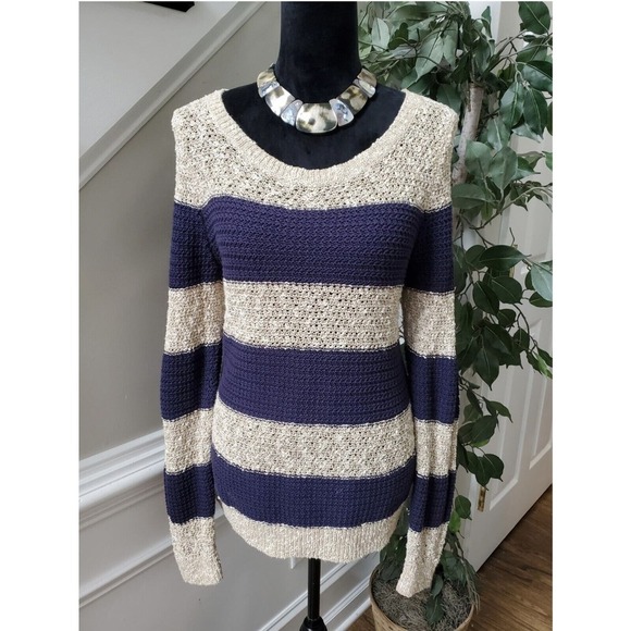 LOFT Women's Beige Navy Cotton Round Neck Long Raglan Sleeve Sweater Size Large - Picture 1 of 10
